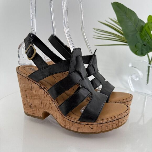 Born Bernese Womens Sandal Size 10 Black Leather Wedge Heel Open Toe Retro Caged - Picture 2 of 16